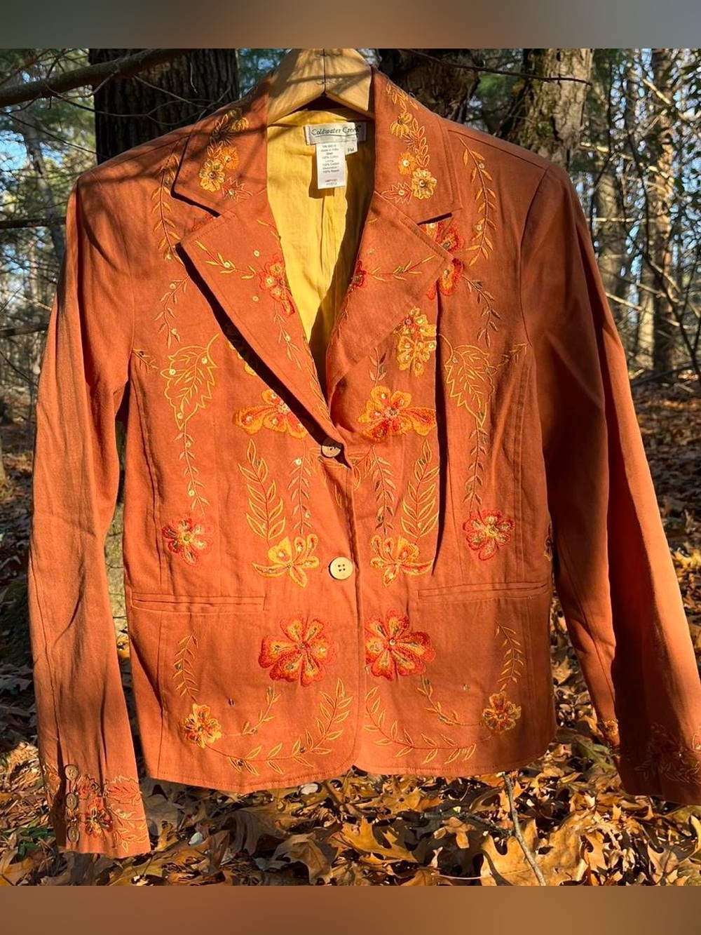 Y2K Coldwater Creek Burnt Orange Floral Embroidered Sequin Blazer Jacket Cotton